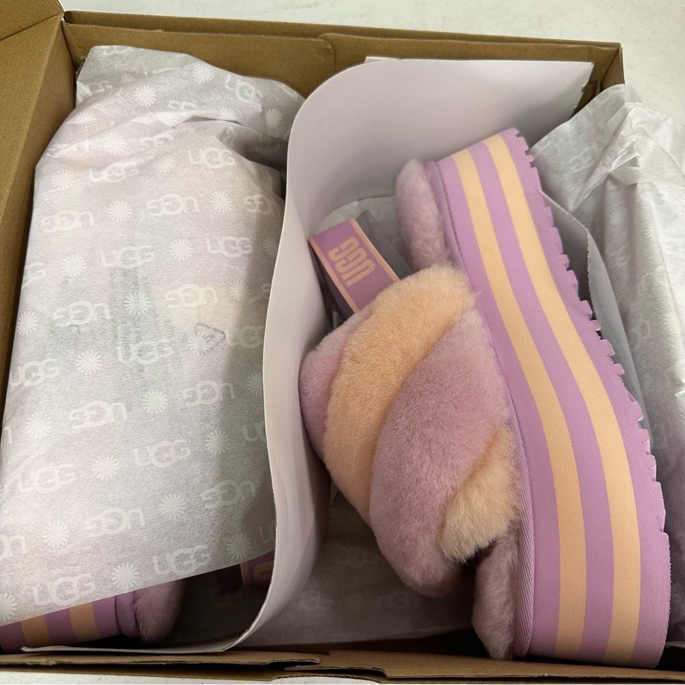 New Ugg Disco Stripe Slide Platform Sandal Slippers Purple Pink Dusk Combo